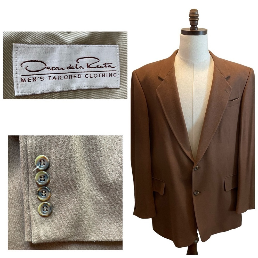Oscar De La Renta Suit Blazer Jacket Wool Cashmere Brown Size 44L Business